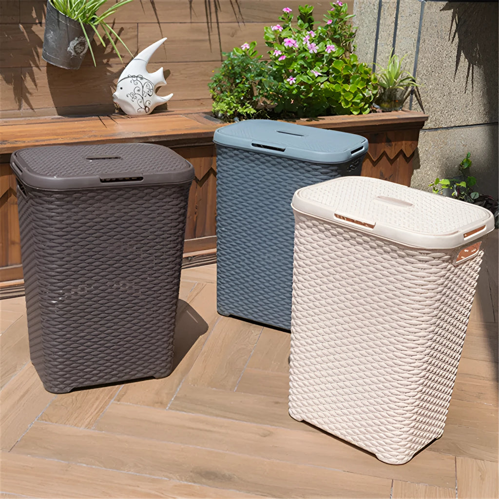 Plastic rattan woven laundry basket in beige, grey, or brown, polypropylene, 44 × 34 × 62cm