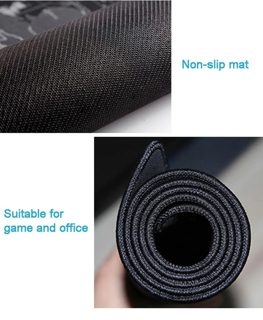 Large custom cartoon mouse pad on desk with keyboard and mouse, showing non-slip rubber base