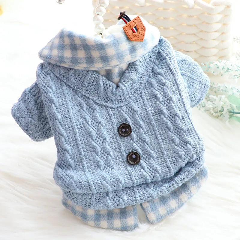 Dog wearing blue wool plaid fake two-piece sweater with fleece lining