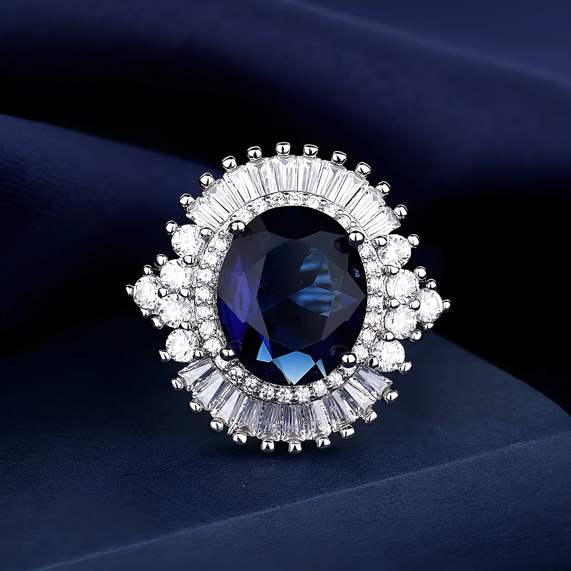 White gold colour copper crown shape ring with sea blue heart centrepiece and open mouth adjustable design