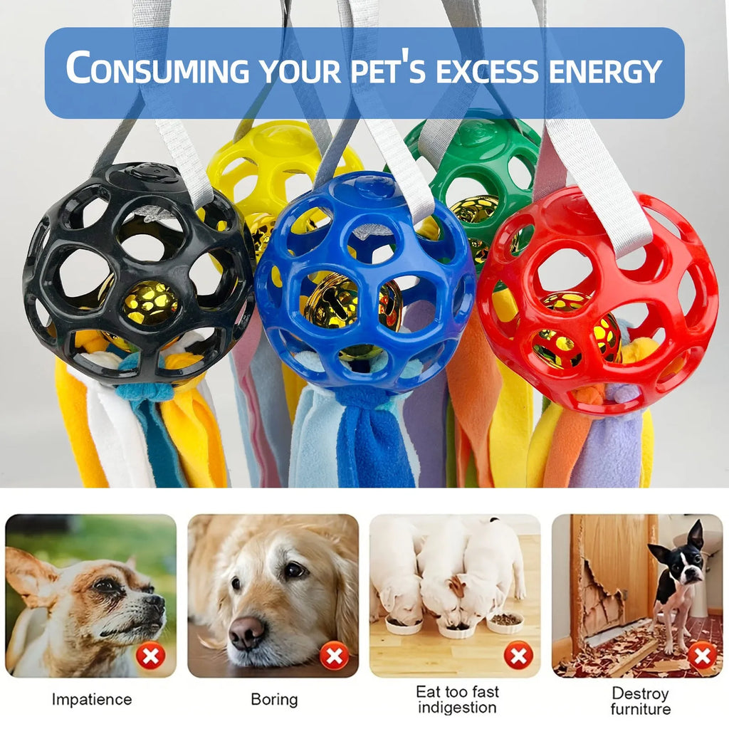 Interactive hollow TPR bell toy ball for dogs and cats in green colour on a surface