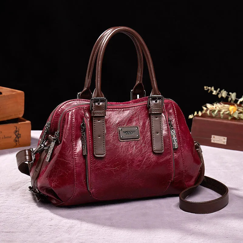 Women's PU leather crossbody shoulder bag with splicing design in black colour, 28x13x20cm