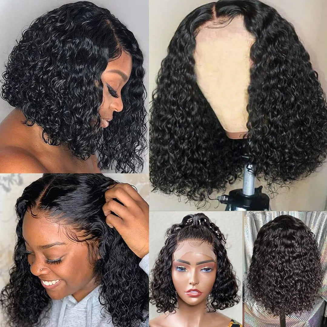 Short bob wig jerry curly human hair 150% 180% density transparent lace front natural black