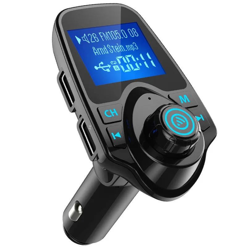 Black G7 Bluetooth car FM transmitter and hands-free kit plugged into a car's 12V socket.