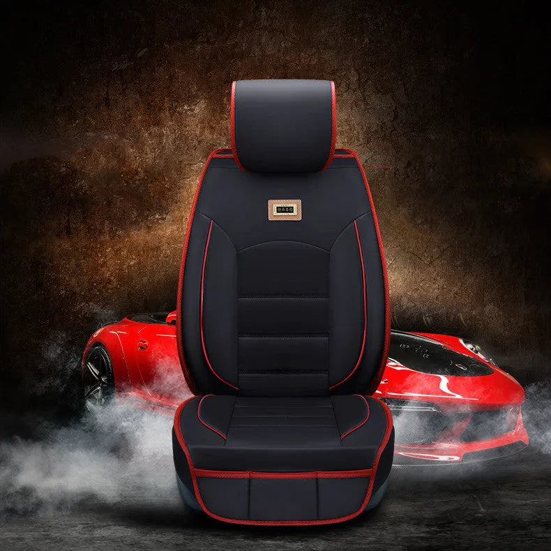 Five-seat car seat cushion cover set in leather-style material with cotton filler, available in multiple colours