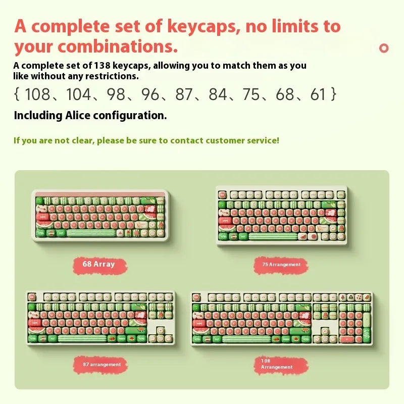 Watermelon theme five-sided sublimation PBT keycaps in small steamed bun mushroom profile
