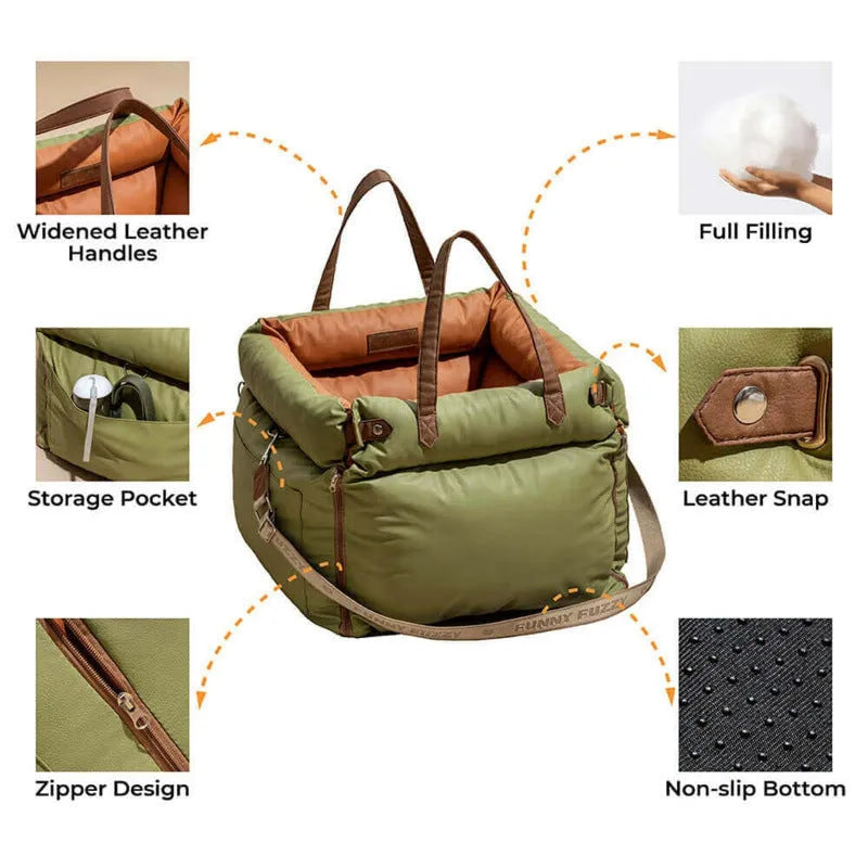 Green removable cover dog car nest with waterproof PU leather, shown next to a car seat.