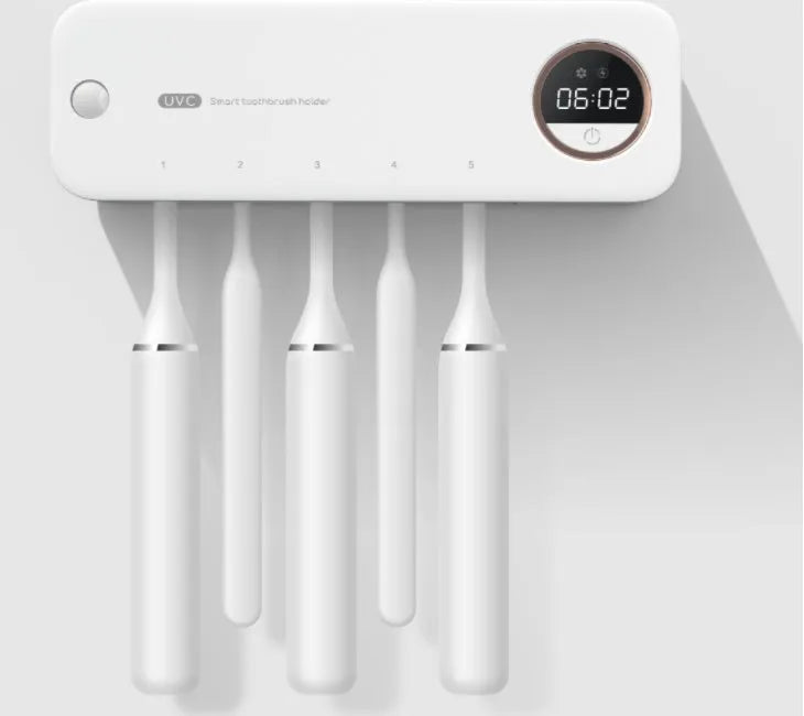 UV toothbrush holder sterilizer wall-mounted with LED display, black ABS, 217mm wide, rechargeable.