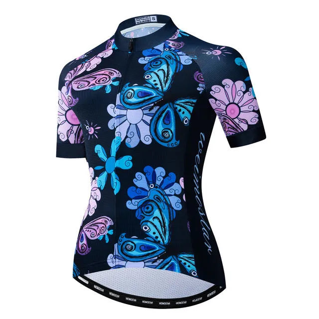 Women bike jersey with short sleeves and three rear pockets in multiple colour options