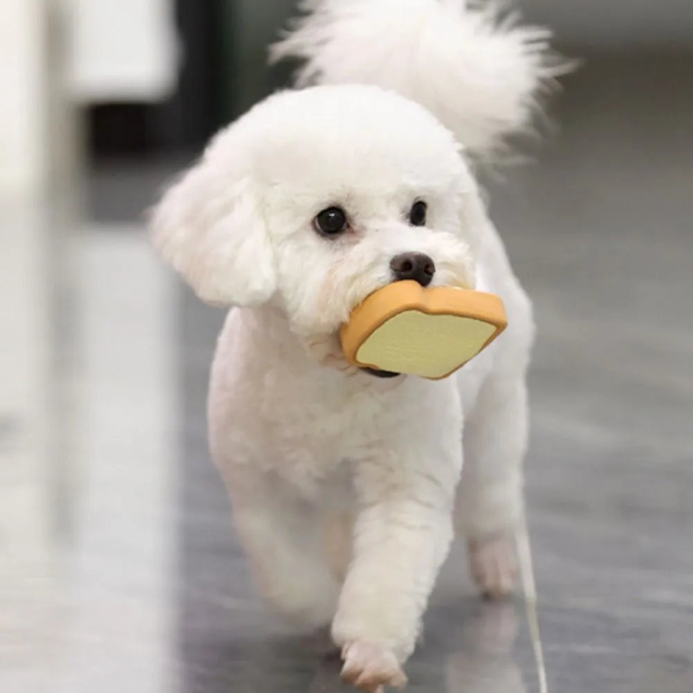 Yellow cartoon egg bread shaped latex dog chew toy with bite resistant design