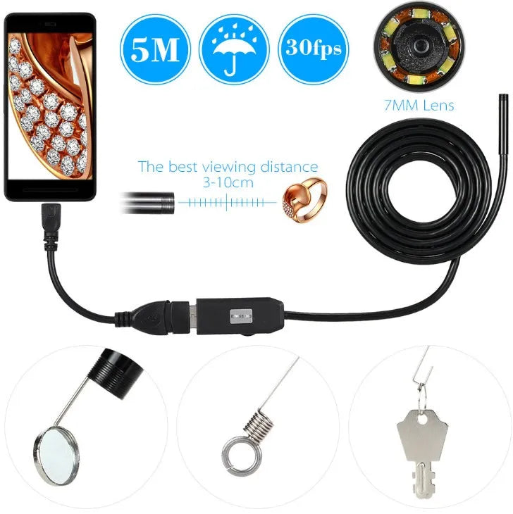 OWSOO USB endoscope camera with 5m cable, adjustable LEDs, hook, magnet, and side mirror attachments
