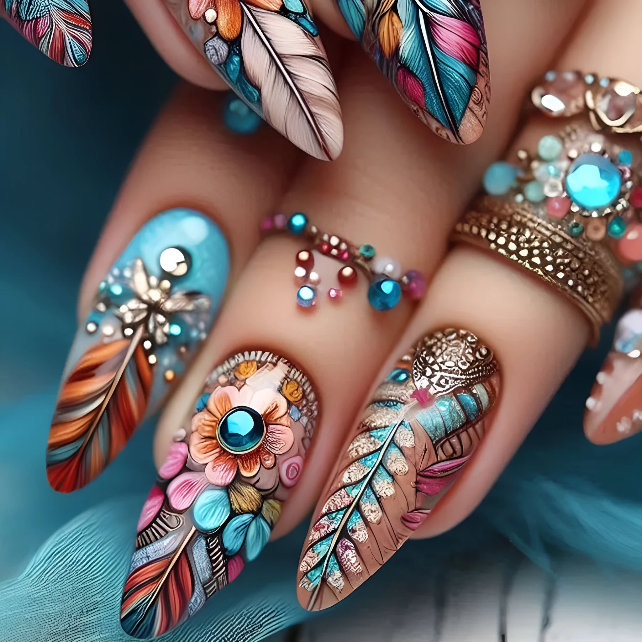 Plastic nail art set with colourful retro feather armour, cartoon, and floral patterns.