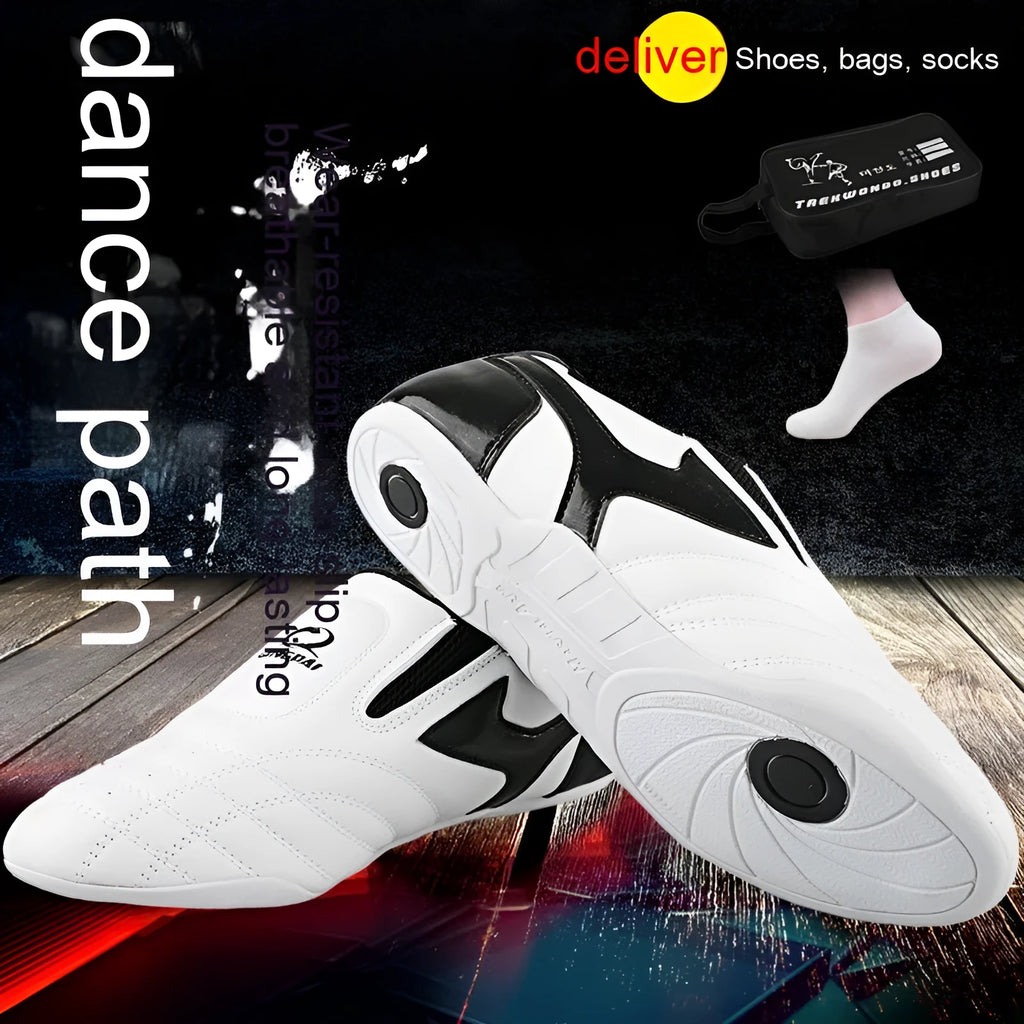Black and white children's martial arts shoes with soft bottom and widened sole design