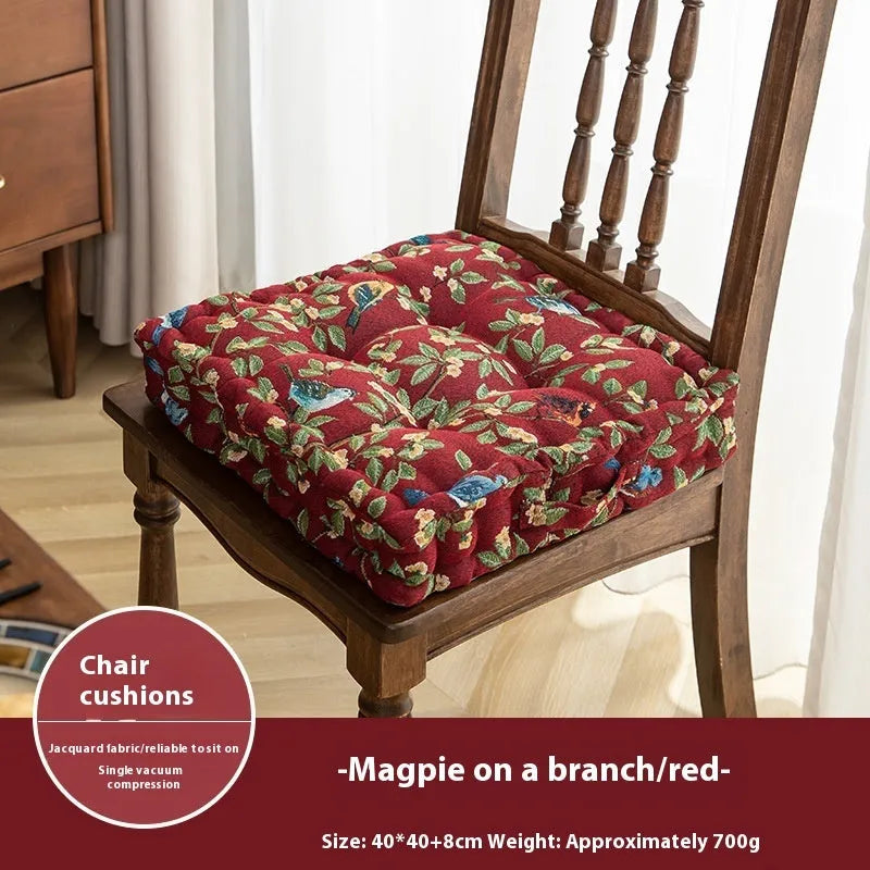 American style square dining chair cushion in apricot colour with floral bird pattern, showing 8cm thickness.