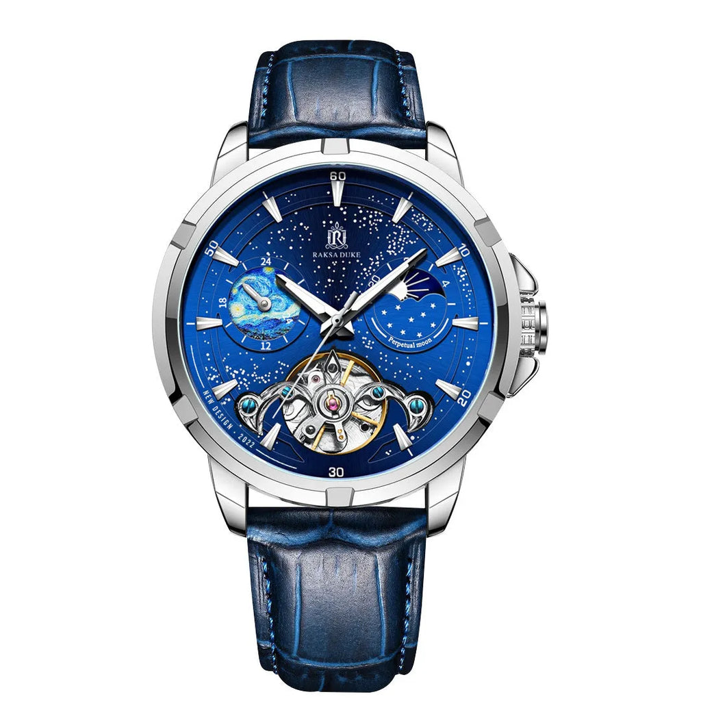 Men's blue automatic mechanical watch with 14mm case thickness showing T885B dial detail