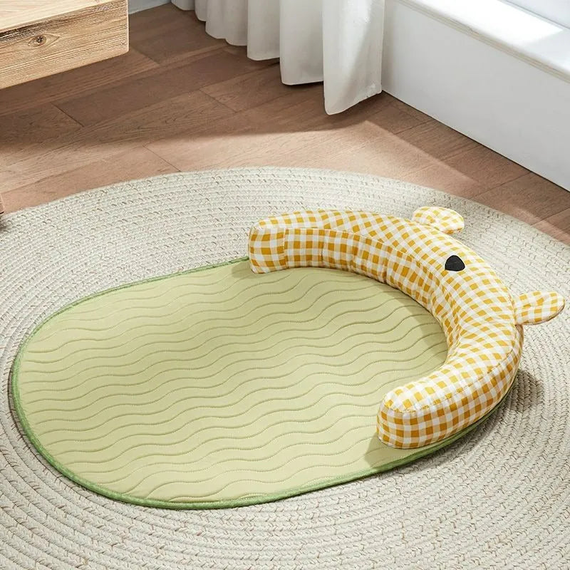 Large green pet cooling mat for dogs and cats, size 75 cm by 55 cm, placed on a floor.