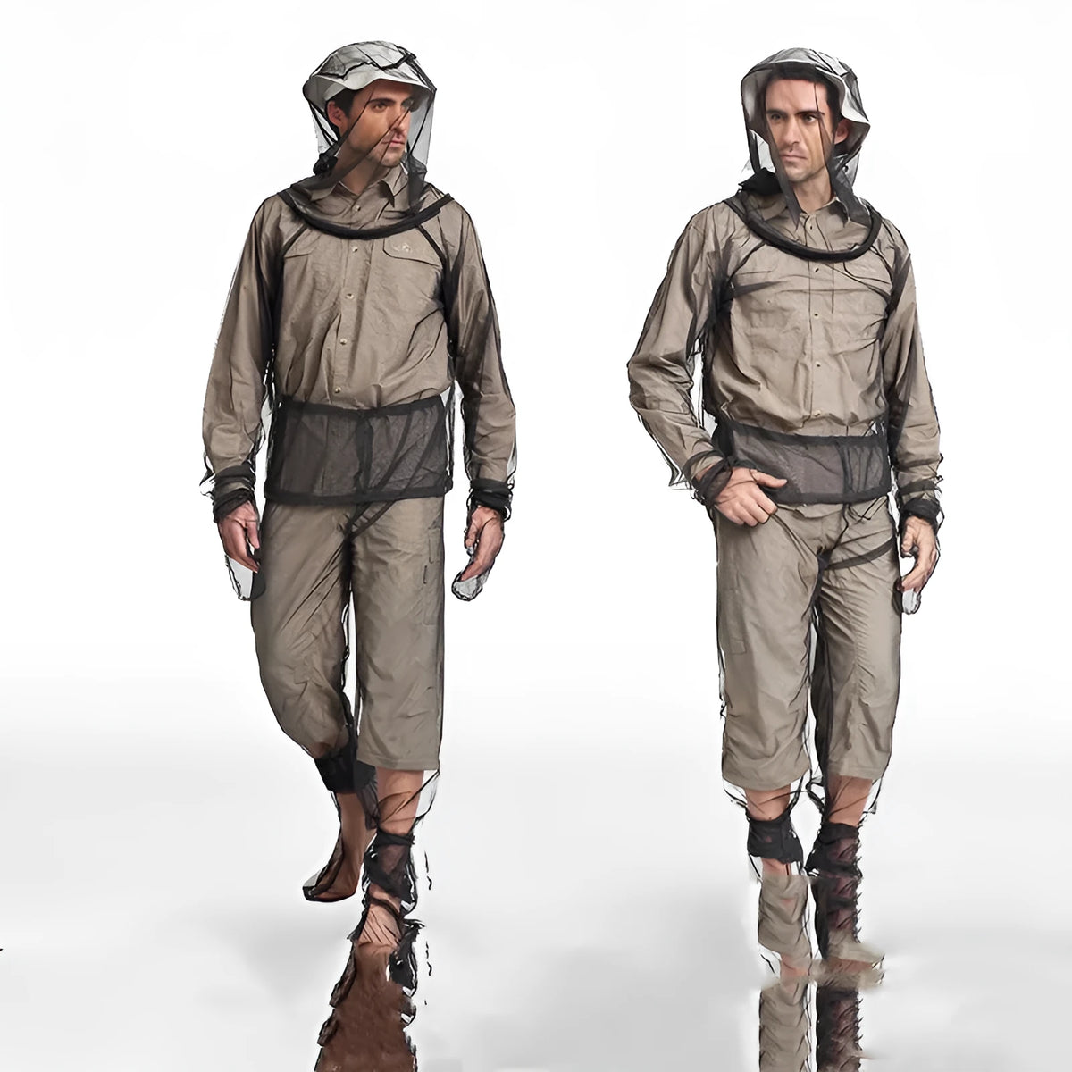 Four-piece mesh anti-mosquito suit set including a hooded top, pants, and booties for outdoor camping.