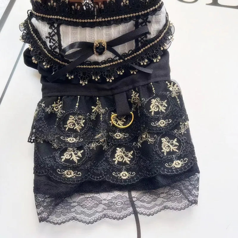 Golden Gothic princess-style skirt costume for a small dog or cat on a mannequin