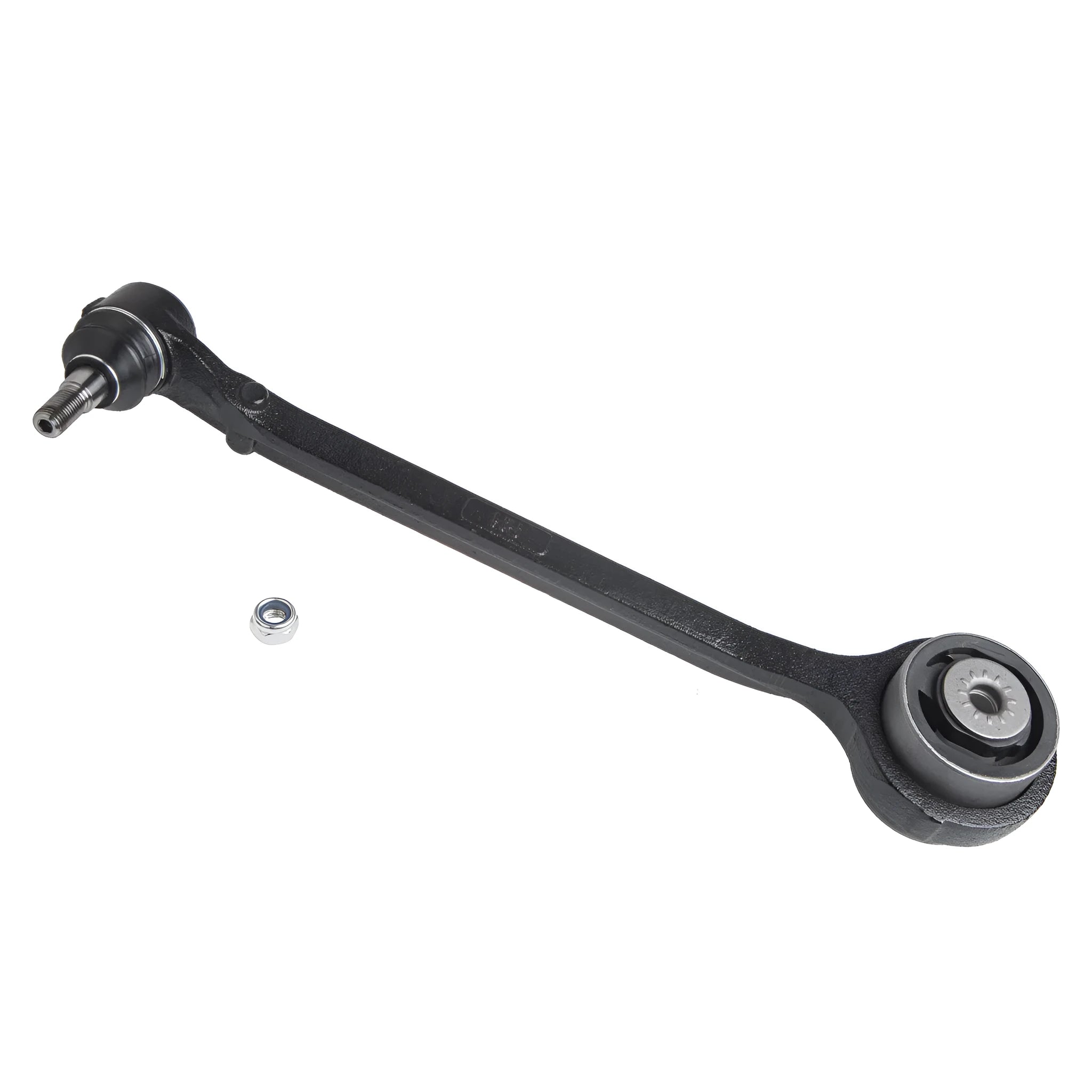 Black automotive control arm for Chrysler and Dodge vehicles with MacPherson suspension