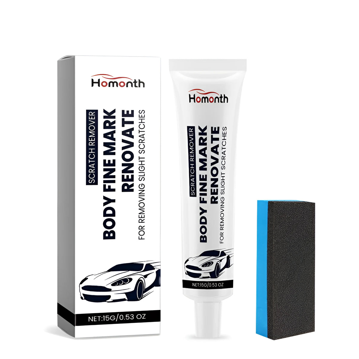 Car scratch repair glue tube 3x11.3cm with sponge 3x1.5x7cm and packaging box