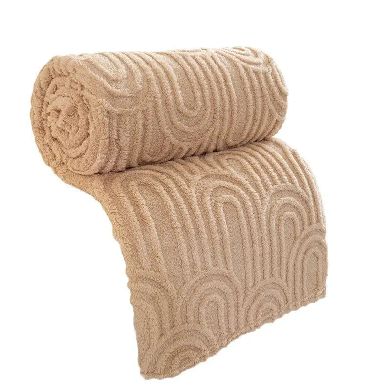 Double-sided jacquard flannel coral fleece blanket shawl in polyester fibre, shown in a Roman column colour and available in four sizes.