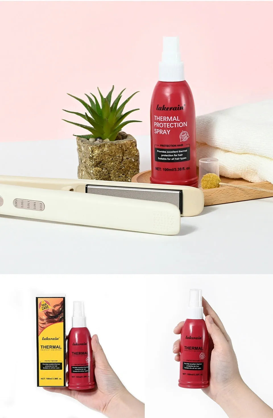 Lakerain hair thermal protection spray bottle, moisturising and nourishing anti-thermal styling mist, foreign version