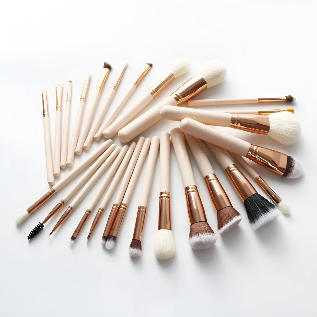 26 pink makeup brushes with wooden handles in storage bag