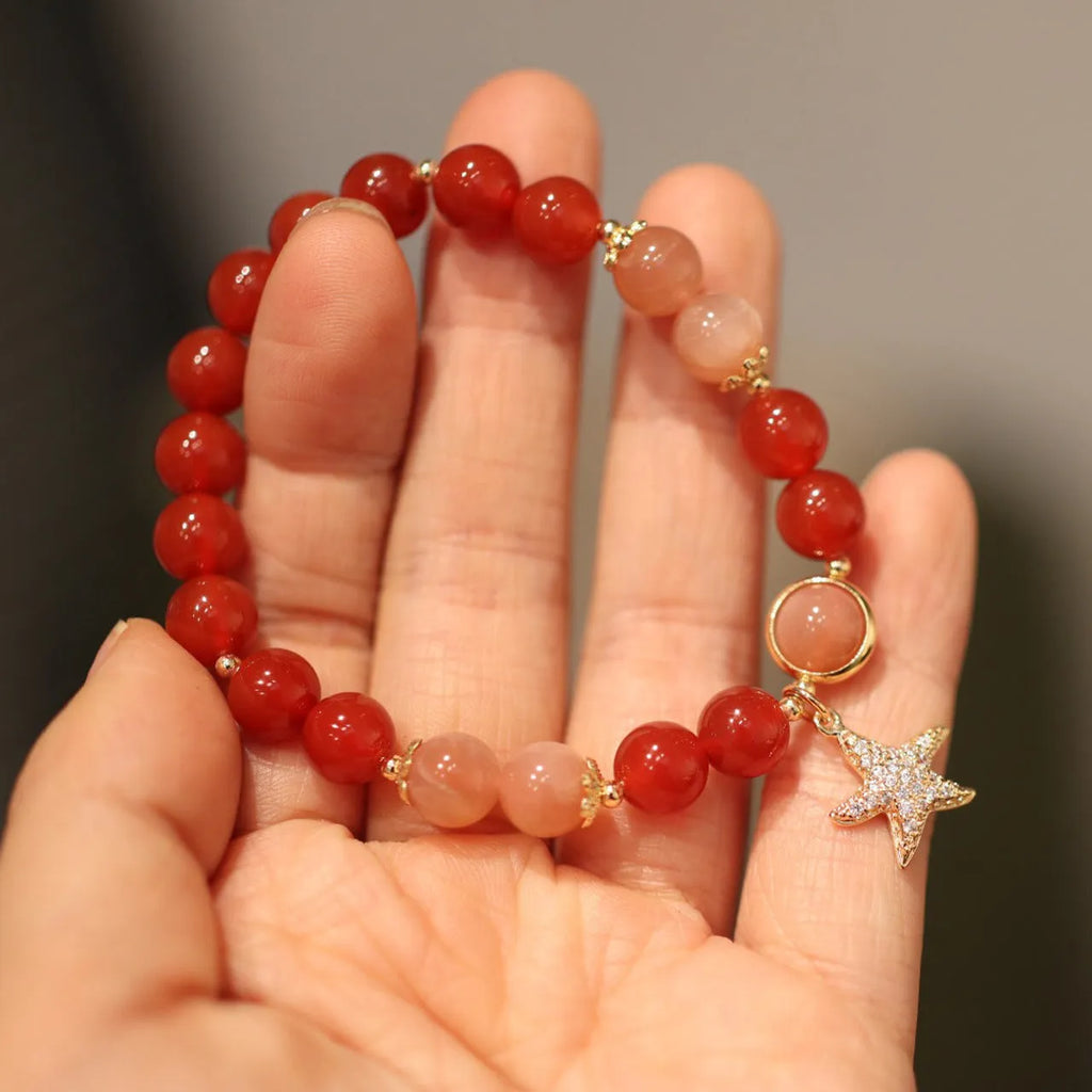 Handmade women's red agate sunstone bracelet 8mm beads star shape ethnic style