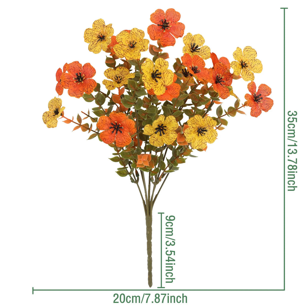 Plastic and silk artificial flower bouquet in autumn red, yellow, orange, and orange-yellow colours for home and event decor.