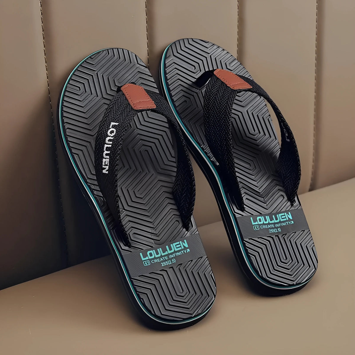Men's open-toe flip flops with EVA upper and PVC sole in black, khaki or Matcha Green, sizes 40-45