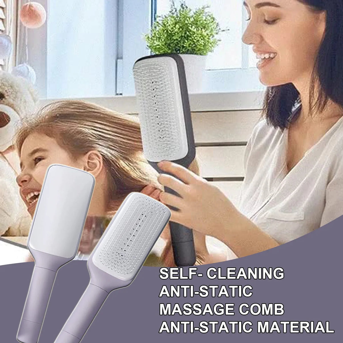 Roland purple self-cleaning hair brush with anti-static massage comb on a white background.