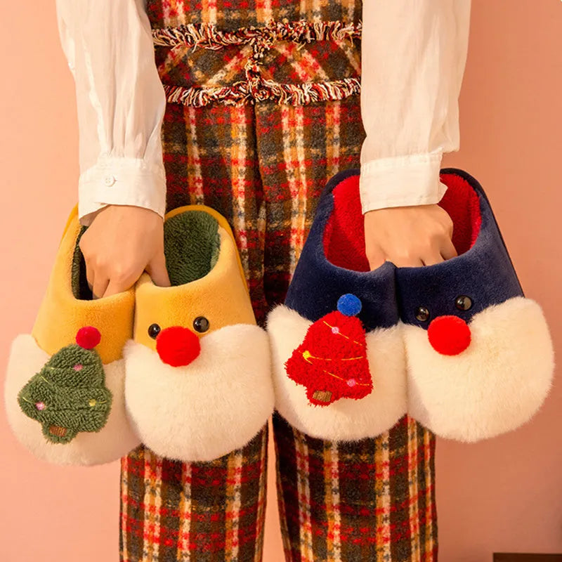 Christmas plush slippers for women with Santa Claus and Christmas tree design, warm non-slip house shoes in red, yellow, or blue.