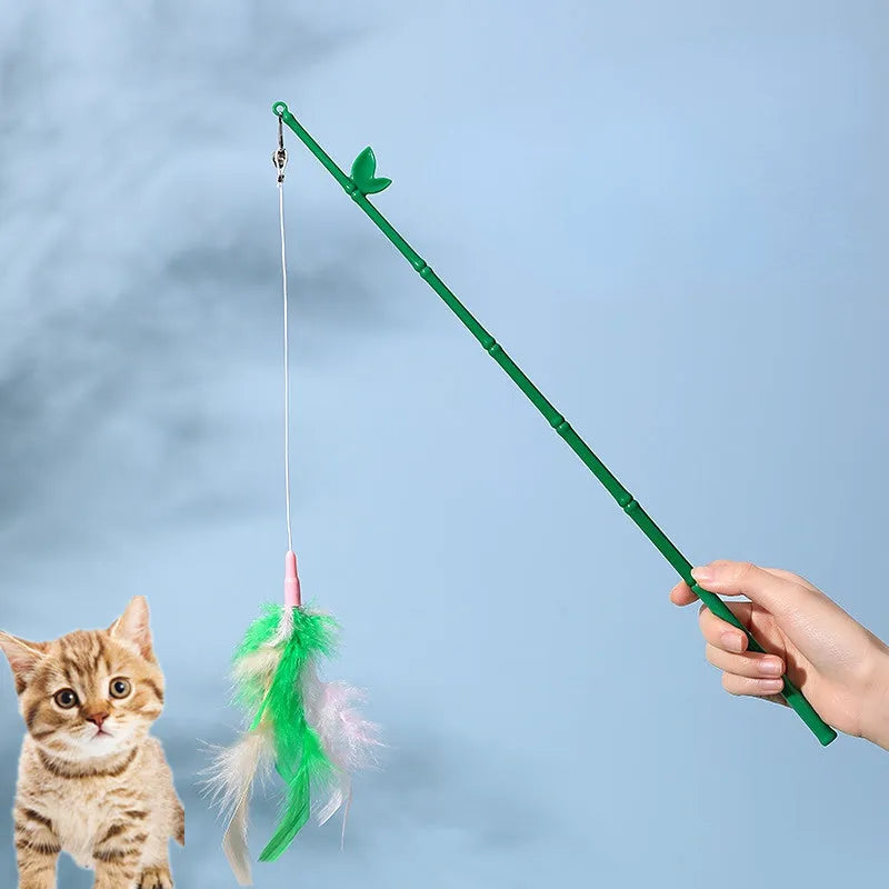Green interactive cat feather wand toy with bell and feather attachments