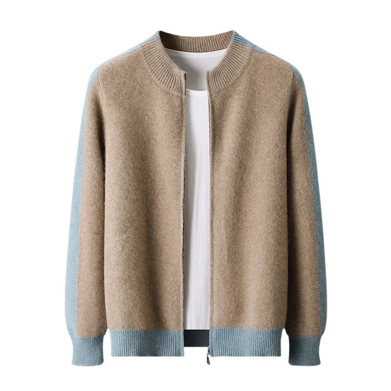 Men's loose fit half turtleneck zip cardigan in thickened rough wool yarn, shown in dark blue colour