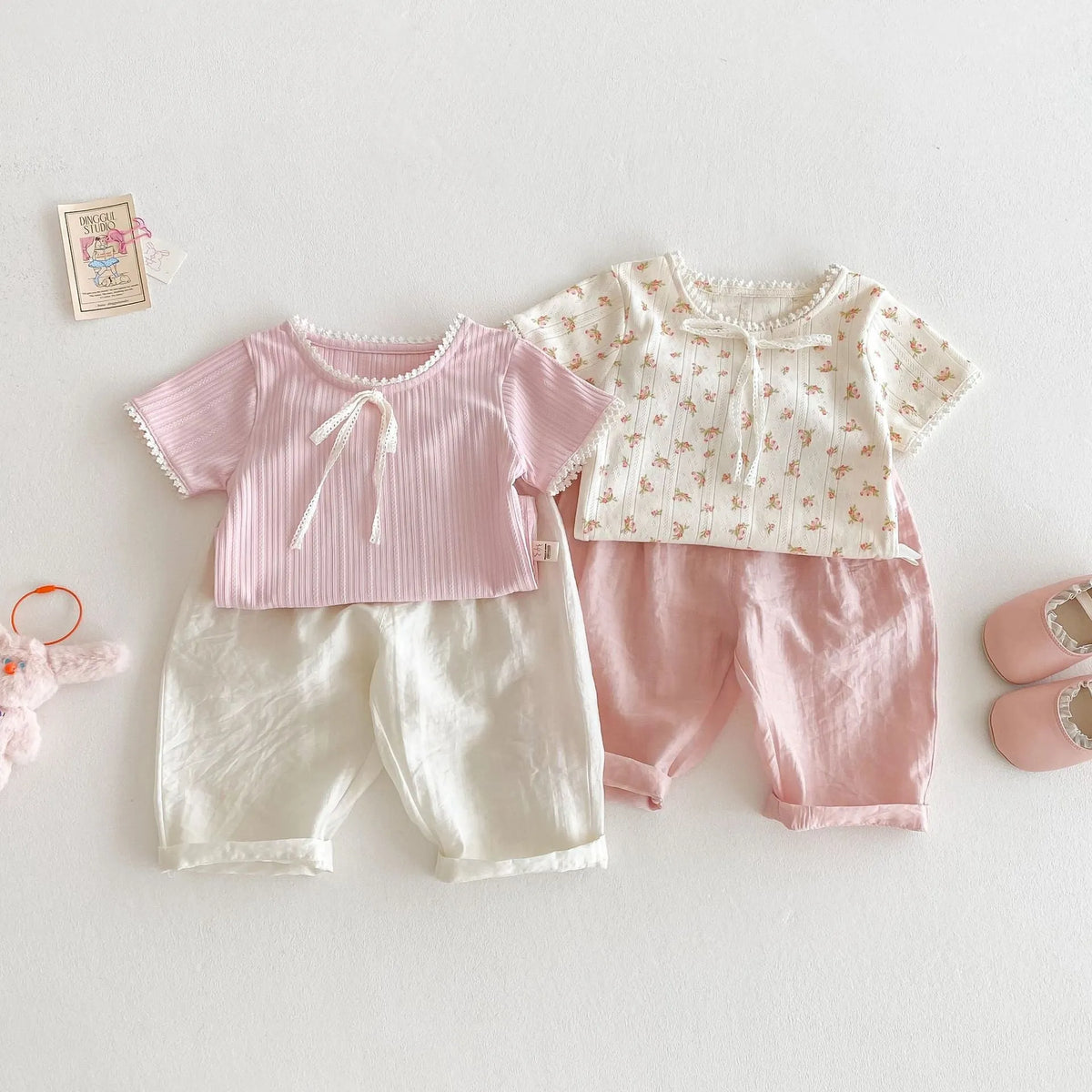 Girls' bow anti mosquito pants in cotton, solid colour, mid waist, available in rubber pink and cream beige, heights 73-120cm.