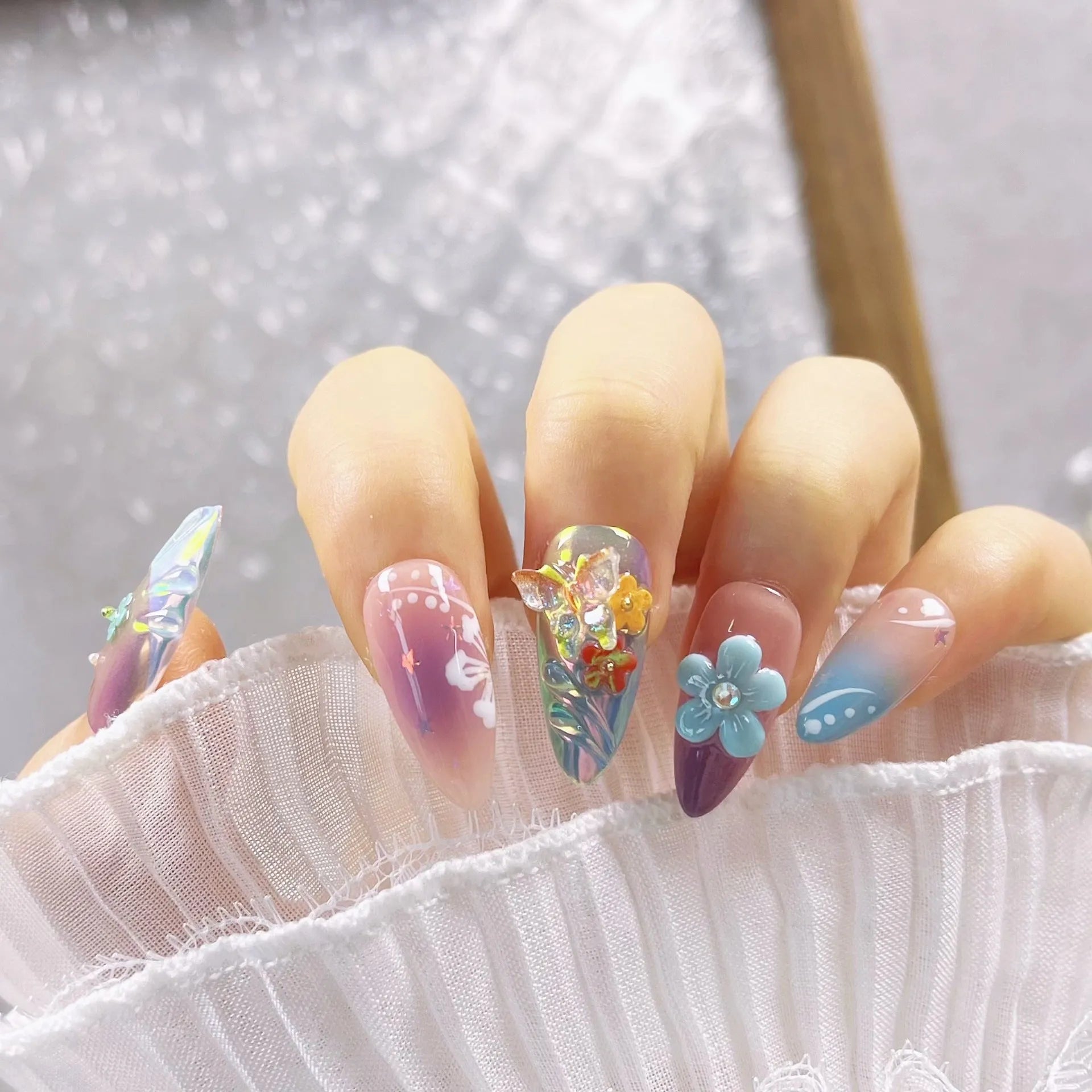 Handmade nail art set with small flower and butterfly charms, sculpting gel, in sizes XS S M L