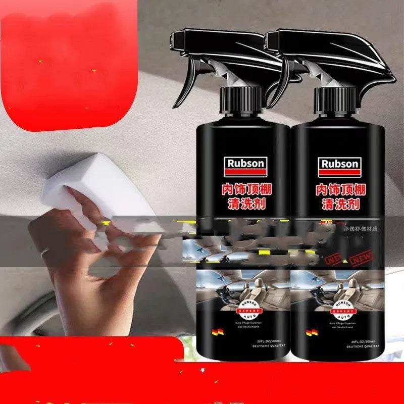 Bottle of wash free ultrasonic fabric roof cleaner with herb essence and oxidase for interior ceilings.