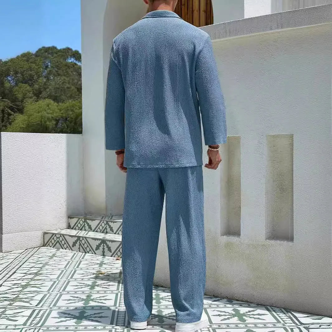 Men's casual commuter suit comprising shirt jacket and matching trousers in polyester fabric