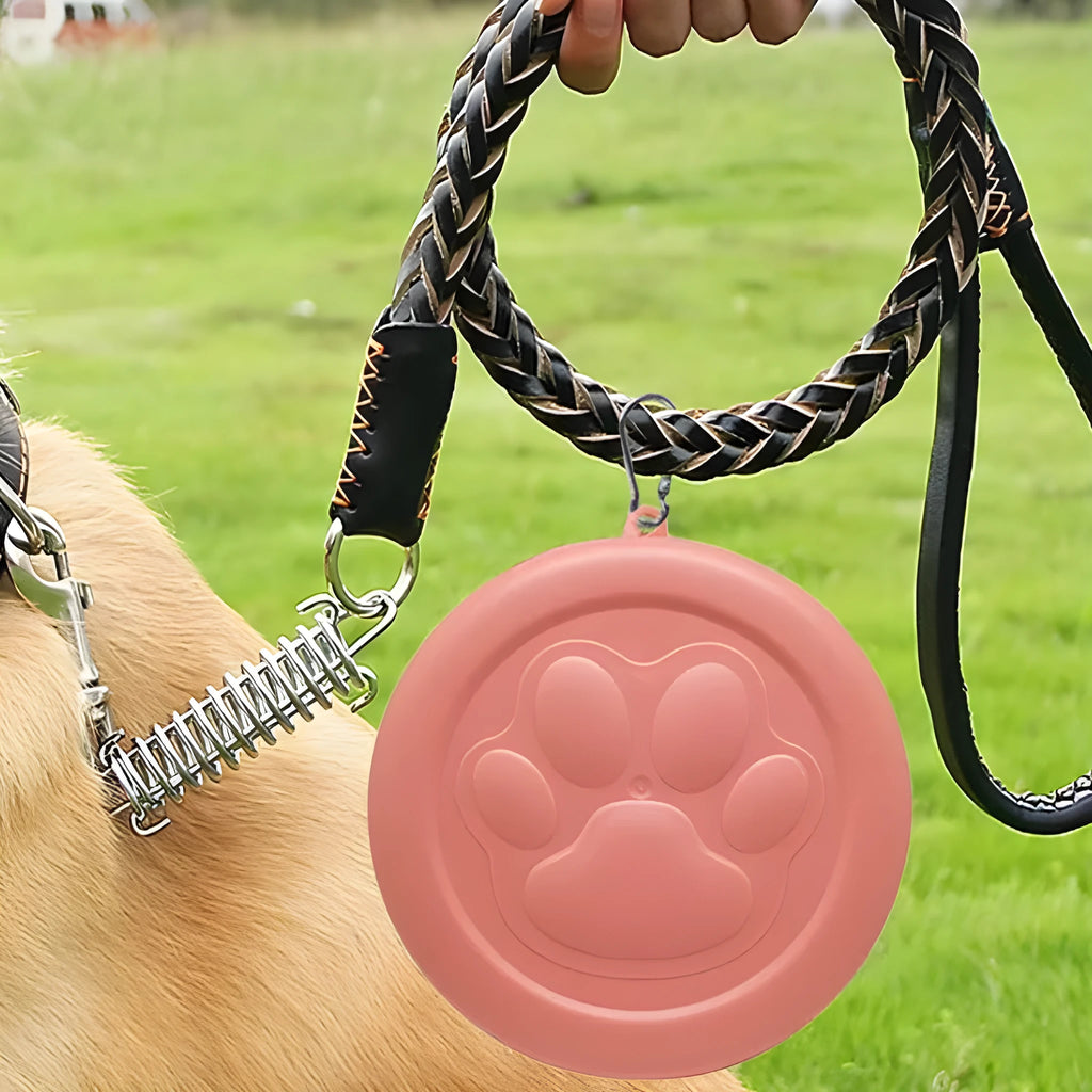 Portable collapsible silicone dog bowl with a clip-on snack compartment lid in green and pink colours