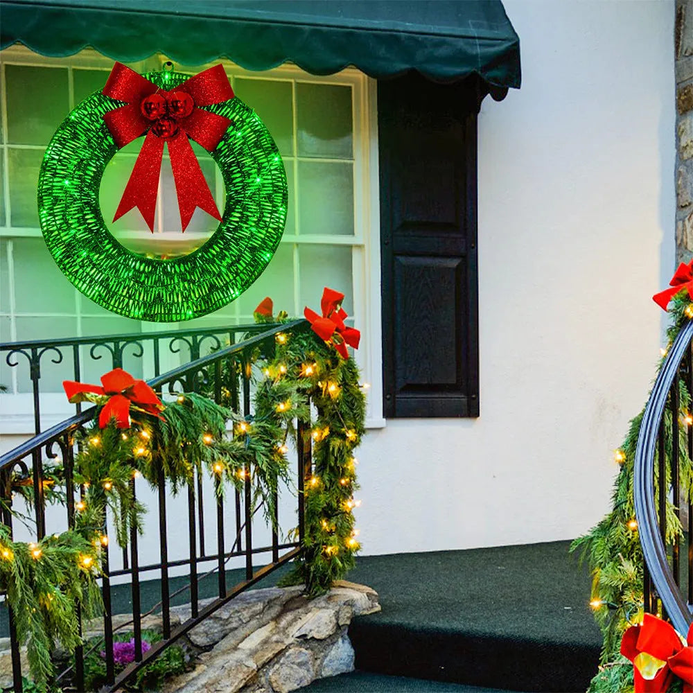50cm Christmas garland wreath with bowknot, 140 warm LED lights, gold or green, for front door indoor outdoor use