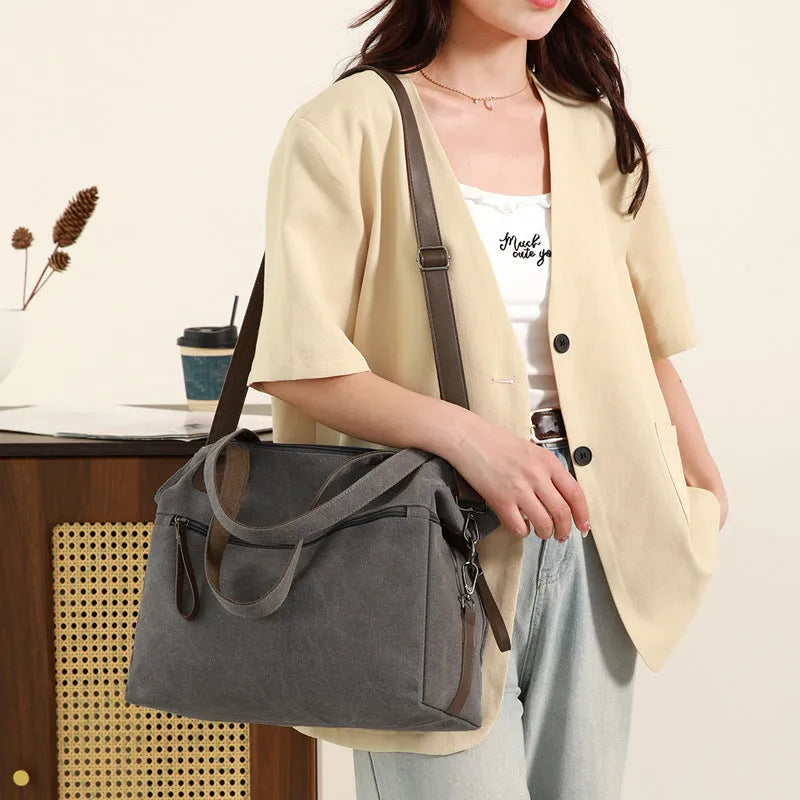 Large capacity canvas shoulder bag for women with zipper, phone and file pockets in grey, black, brown or khaki