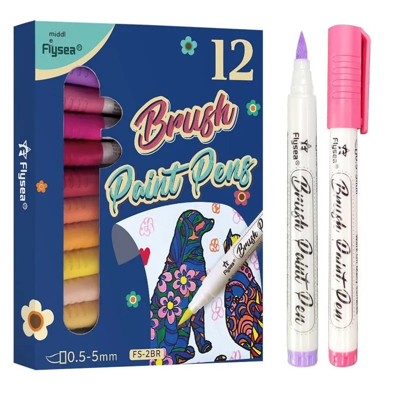 Set of soft head gouache acrylic marker pens for hand painting and card design.