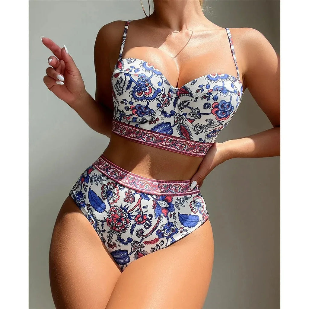 Blue women's high waist push-up bikini swimsuit set on a white background.