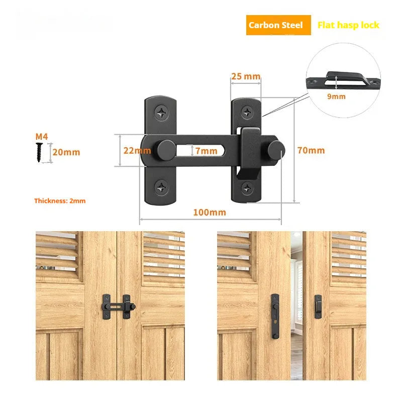American style 90 degree barn door lock with flat shackle for sliding doors.