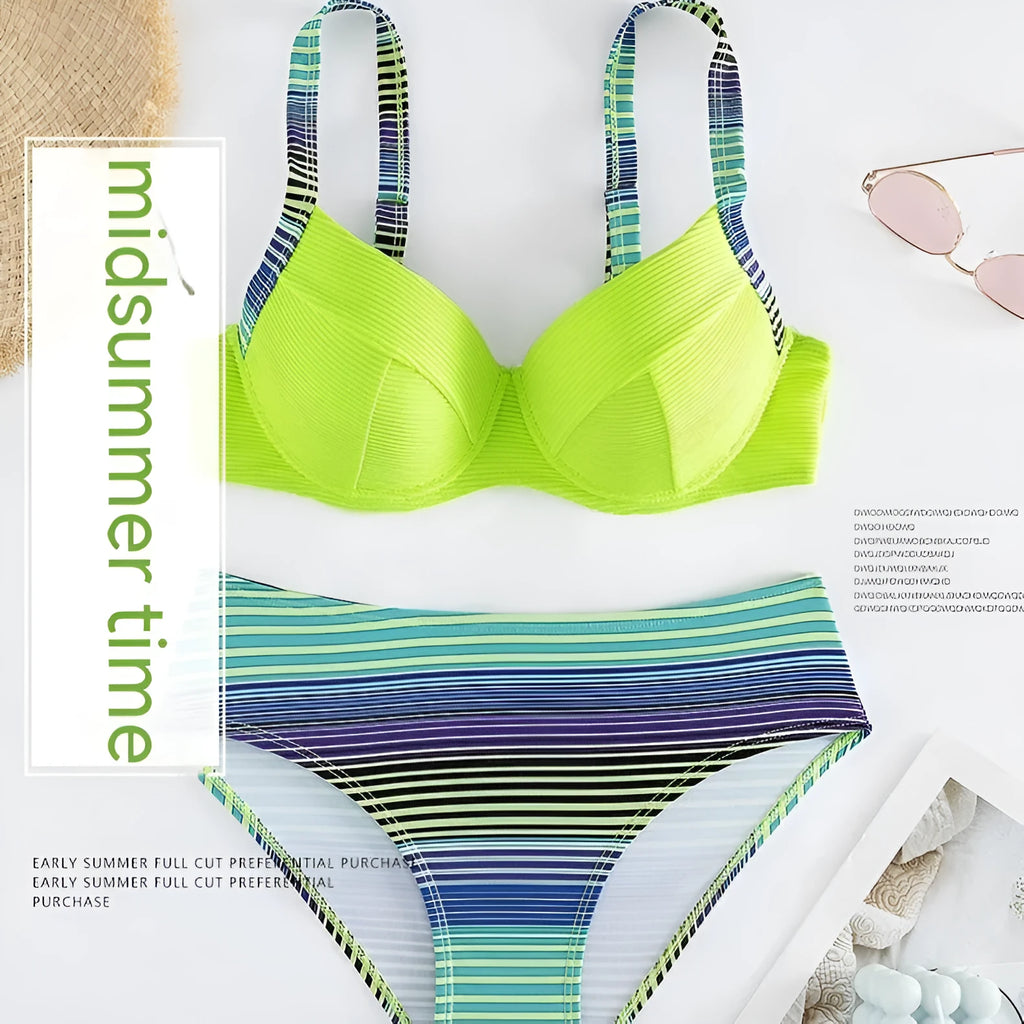 Green printed halter bikini set with split brief bottoms for women