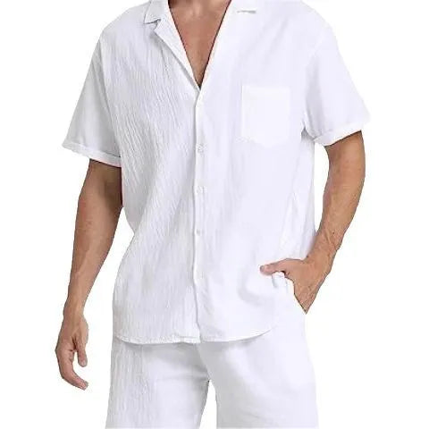 Men's grey flax linen short-sleeve top and matching shorts suit laid flat