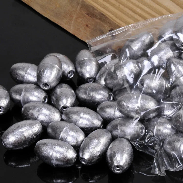 Olive-shaped lead fishing sinkers in sizes 1g to 20g, streamlined design for coarse and carp rigs