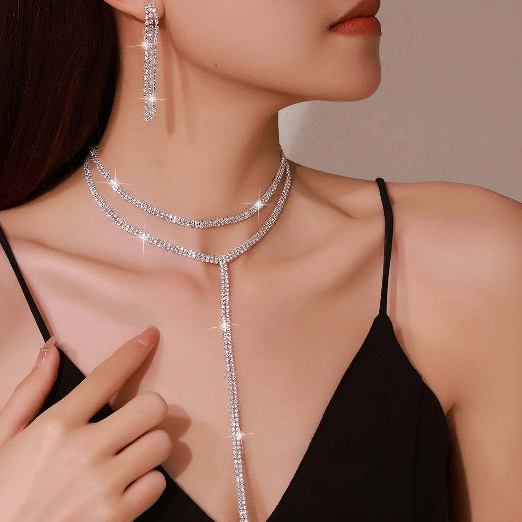 Silver copper rhinestone clavicle chain necklace and earring set with U-shaped pendant