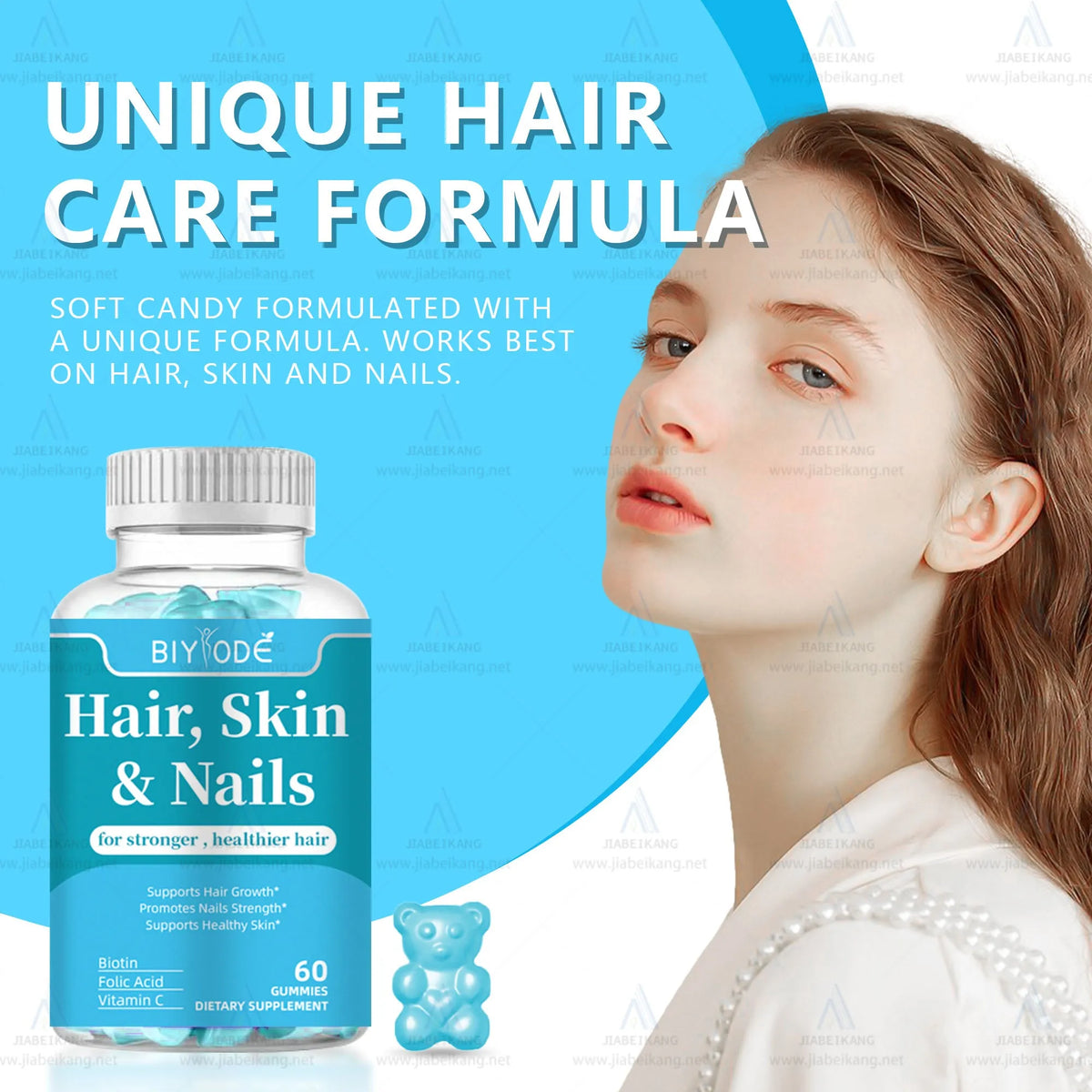 Bottle of hair skin and nails vitamin gummies with biotin, folic acid and vitamin C, 60 gummies