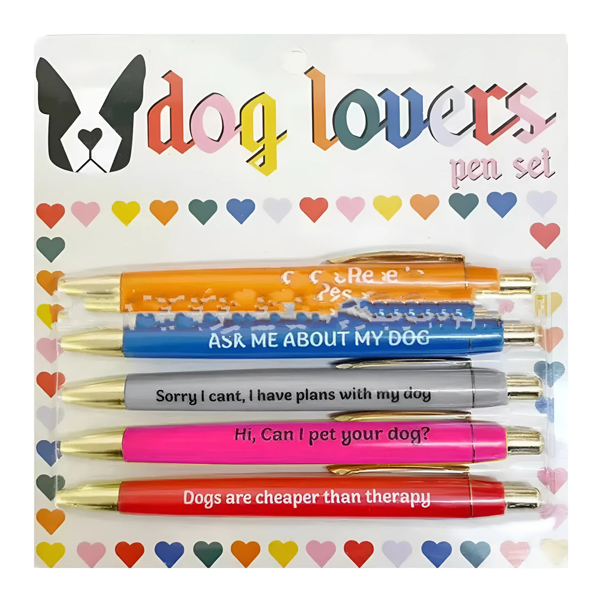 Set of five coloured push action automatic pens in a cat-themed or dog-themed design, next to a beaded storage bag.